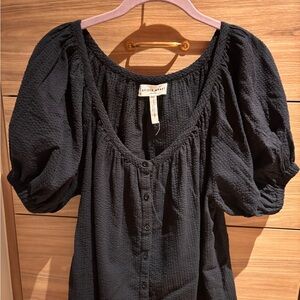 Apiece Apart Black Textured Blouse with Puff Sleeves